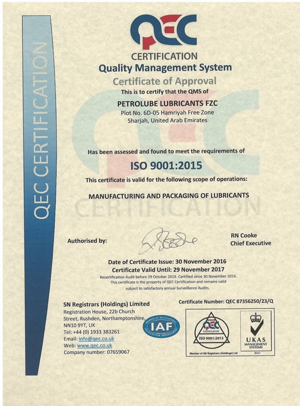 ISO 9001:2015 Certificate Petrolube